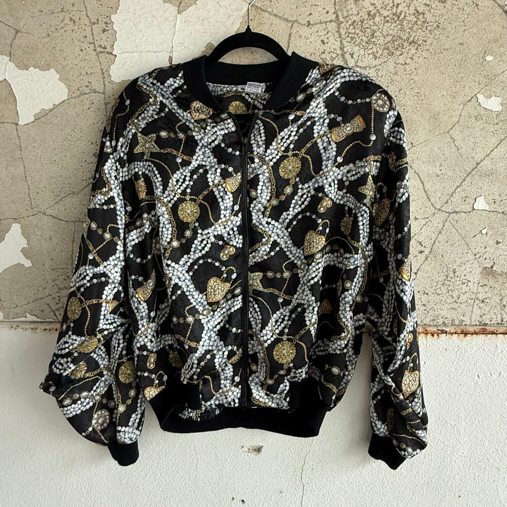 Vintage 80s Jacket Baroque Gold Chain Print Bomber Womens M Paragon Streetwear
